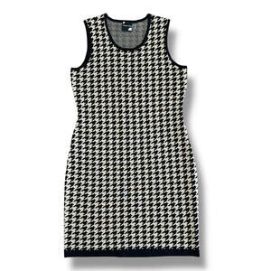 Maison Tara Knit Houndstooth Bodycon Sheath Dress Black Tan Sleeveless Stretch L